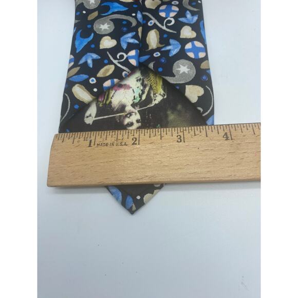 Christian Lacroix 100% silk Tie  Navy Blue Tan, light blue flowers abstract lady - Picture 7 of 8
